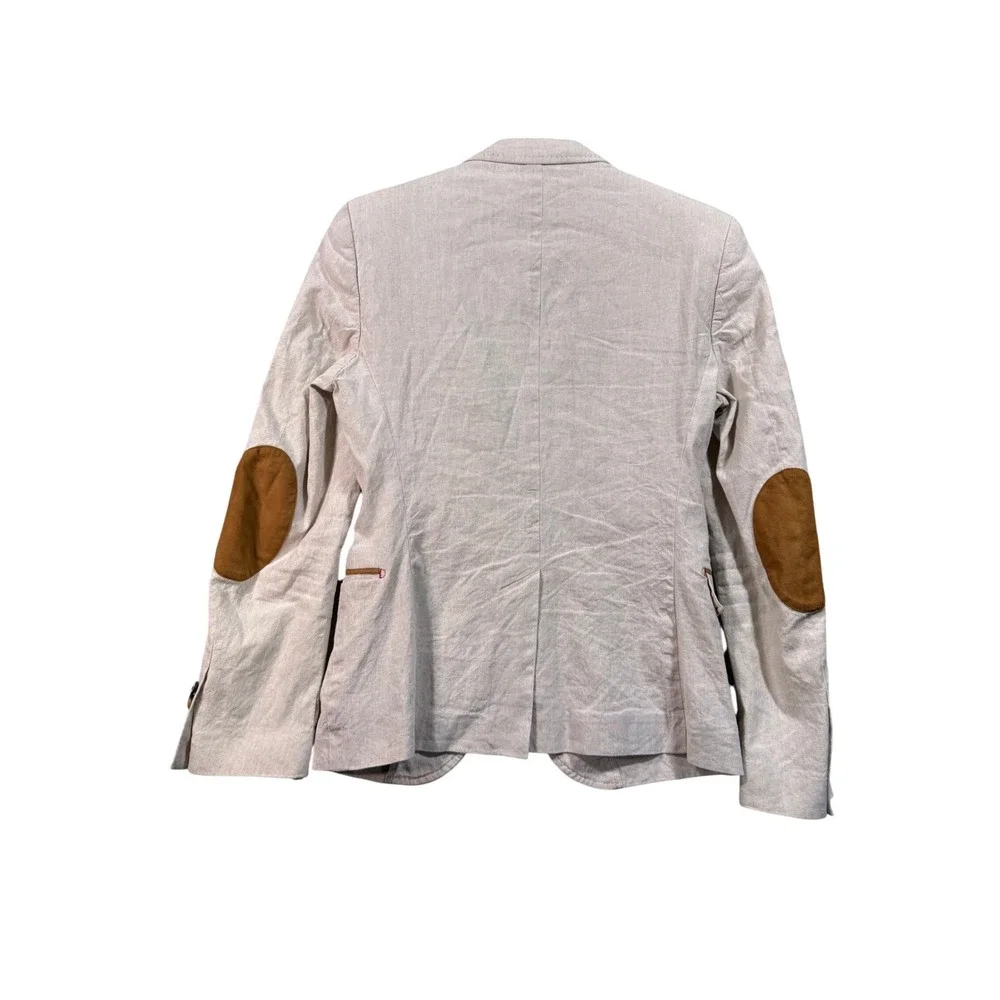 Zara Man Blazer 36 Beige Elbow Patches Denim Couture Academia Preppy Linen Blend